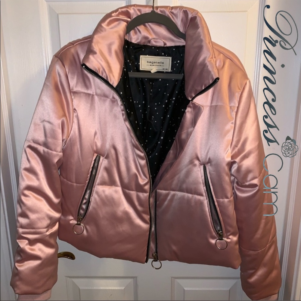 πBagatelle Blush Metallic Satin Zip Bomber Jacket - Picture 6 of 7